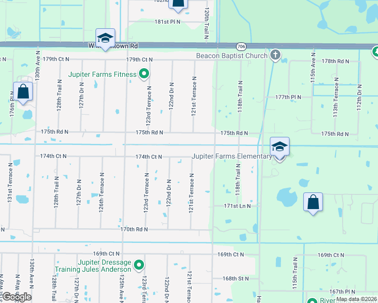 map of restaurants, bars, coffee shops, grocery stores, and more near 12143 174th Court North in Jupiter