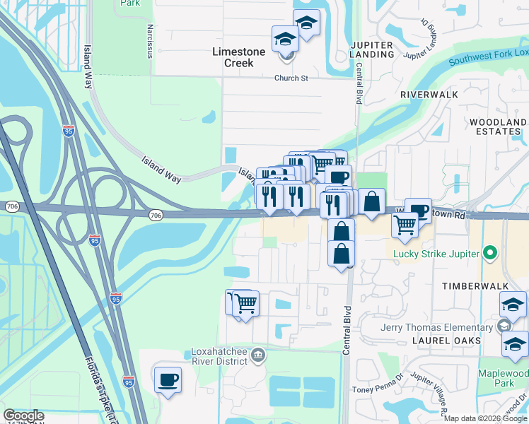 map of restaurants, bars, coffee shops, grocery stores, and more near W Indiantown Rd & Island Way in Jupiter