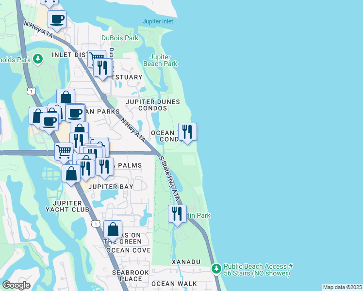 map of restaurants, bars, coffee shops, grocery stores, and more near 351 North Highway A1A in Jupiter