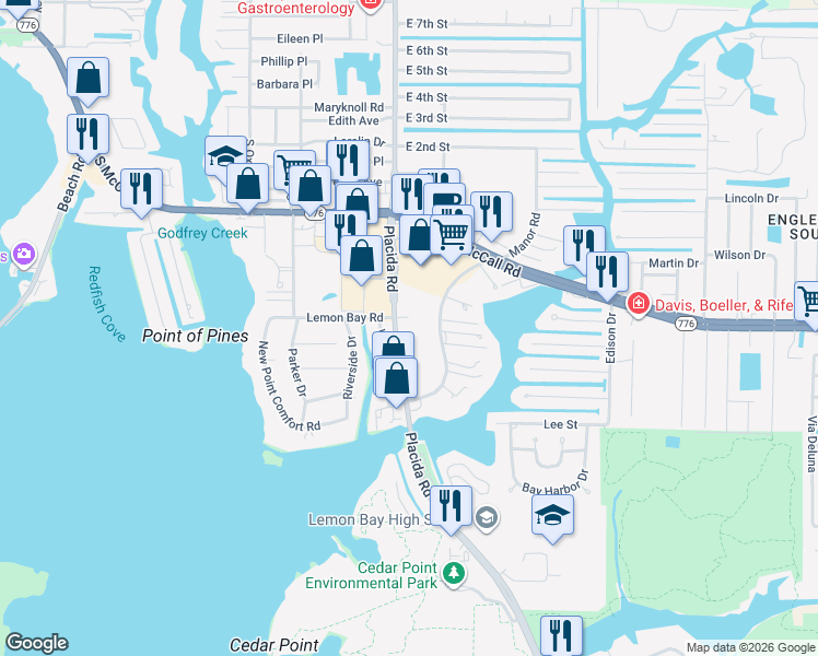 map of restaurants, bars, coffee shops, grocery stores, and more near 1617 Placida Road in Englewood
