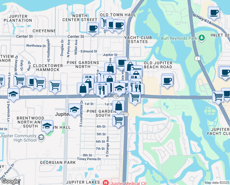 map of restaurants, bars, coffee shops, grocery stores, and more near 150 West Indiantown Road in Jupiter