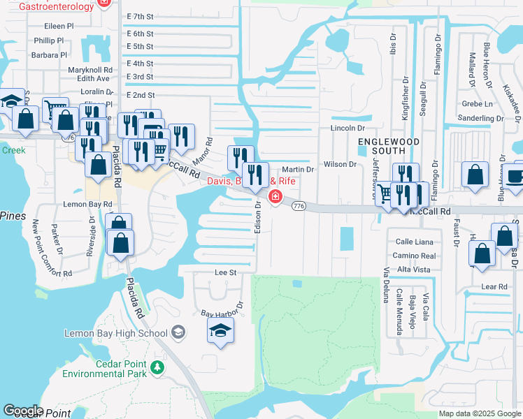 map of restaurants, bars, coffee shops, grocery stores, and more near 1664 Edison Drive in Englewood