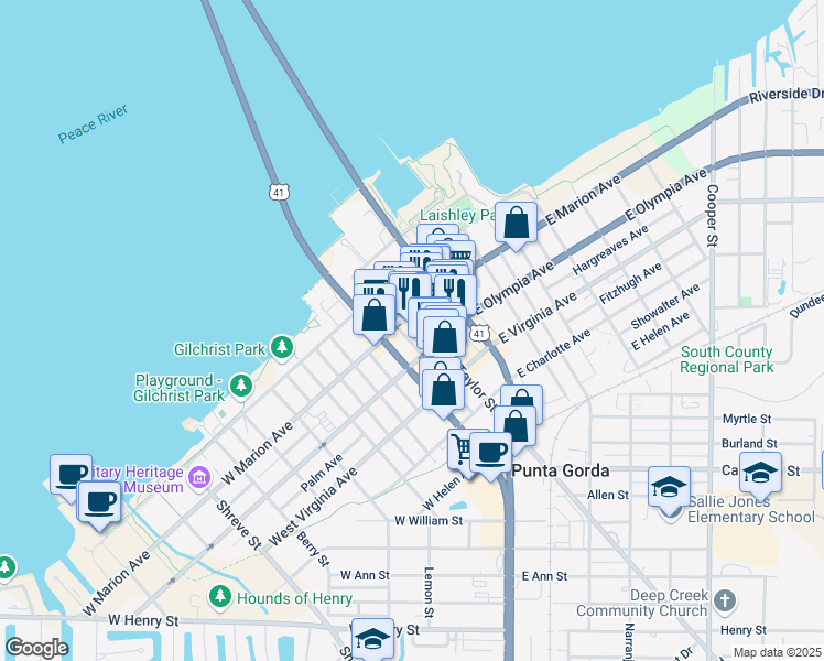 map of restaurants, bars, coffee shops, grocery stores, and more near 201 West Marion Avenue in Punta Gorda