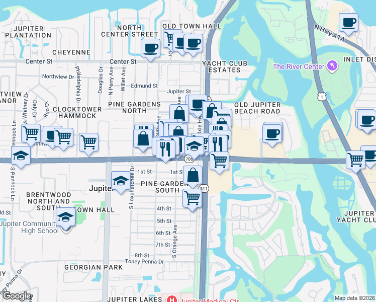 map of restaurants, bars, coffee shops, grocery stores, and more near 150 West Indiantown Road in Jupiter