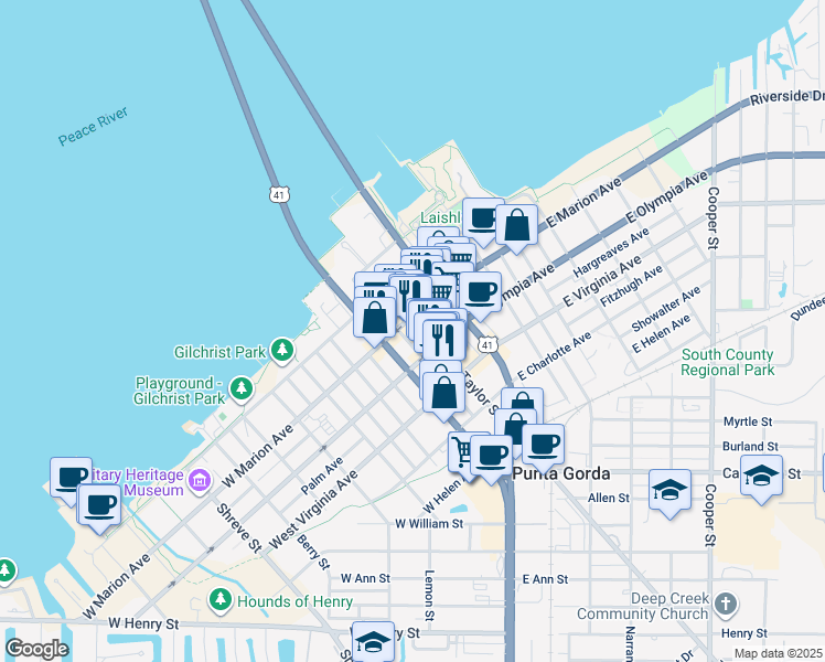 map of restaurants, bars, coffee shops, grocery stores, and more near 218 Cross Street in Punta Gorda