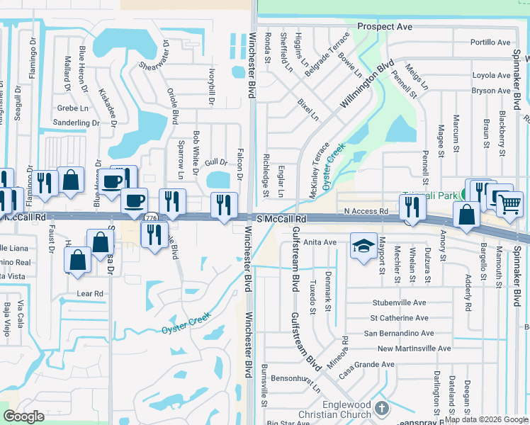 map of restaurants, bars, coffee shops, grocery stores, and more near 6372 Richledge Street in Englewood