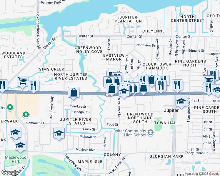 map of restaurants, bars, coffee shops, grocery stores, and more near 1016 Stillwater Drive in Jupiter