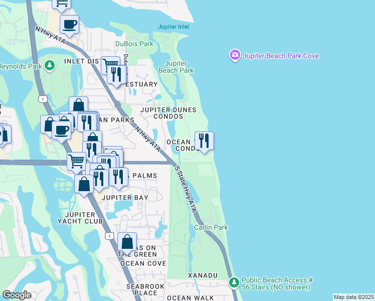 map of restaurants, bars, coffee shops, grocery stores, and more near 500 Ocean Trail Way in Jupiter