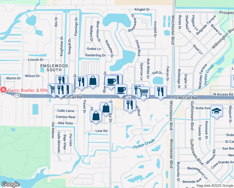 map of restaurants, bars, coffee shops, grocery stores, and more near 2828 South McCall Road in Englewood