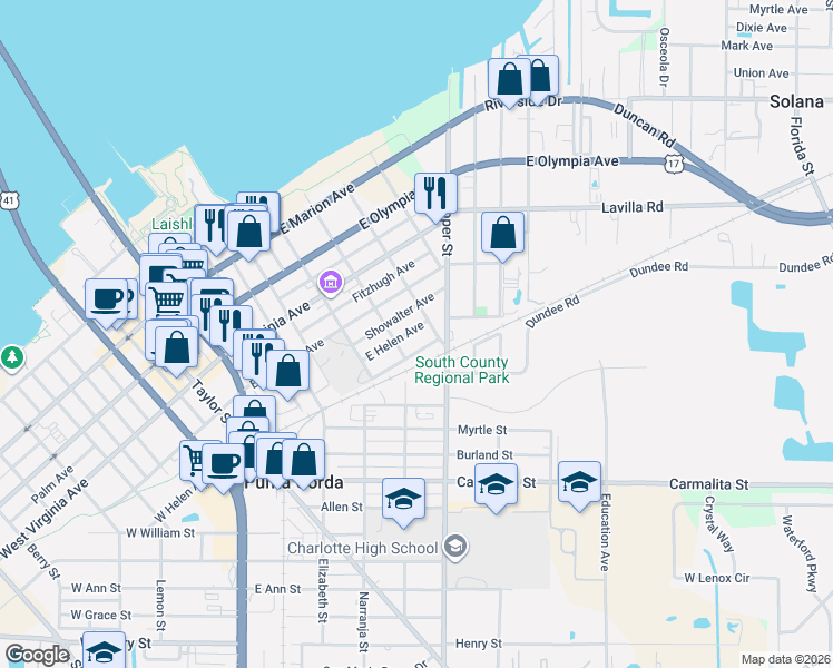 map of restaurants, bars, coffee shops, grocery stores, and more near 525 East Helen Avenue in Punta Gorda