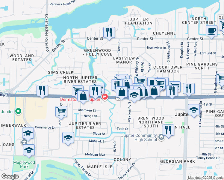 map of restaurants, bars, coffee shops, grocery stores, and more near 1016 Stillwater Drive in Jupiter