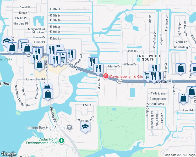 map of restaurants, bars, coffee shops, grocery stores, and more near 2091 South McCall Road in Englewood