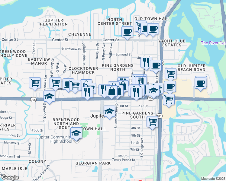 map of restaurants, bars, coffee shops, grocery stores, and more near 108 North Loxahatchee Drive in Jupiter