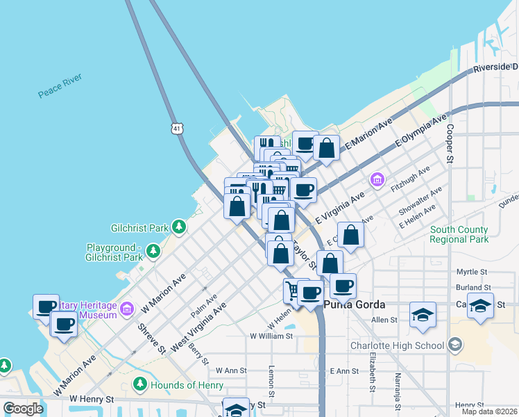 map of restaurants, bars, coffee shops, grocery stores, and more near 201 West Marion Avenue in Punta Gorda