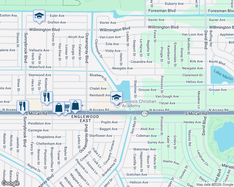 map of restaurants, bars, coffee shops, grocery stores, and more near 6444 Blueberry Drive in Englewood