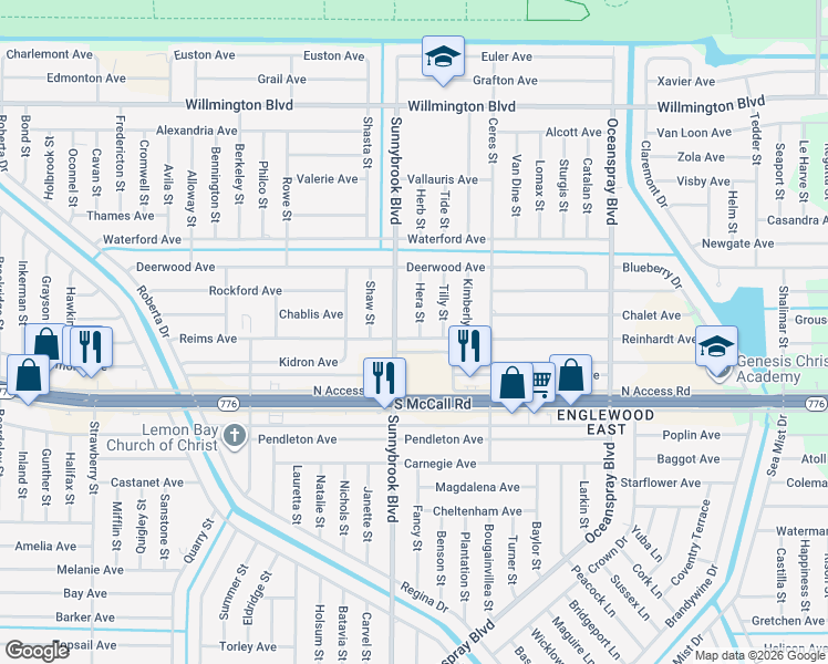 map of restaurants, bars, coffee shops, grocery stores, and more near 6343 Tilly Street in Englewood