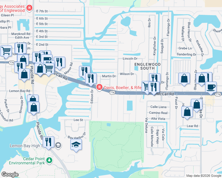 map of restaurants, bars, coffee shops, grocery stores, and more near 1375 Sharlo Lane in Englewood