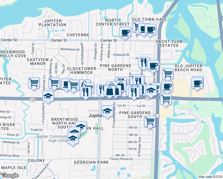 map of restaurants, bars, coffee shops, grocery stores, and more near 108 North Loxahatchee Drive in Jupiter