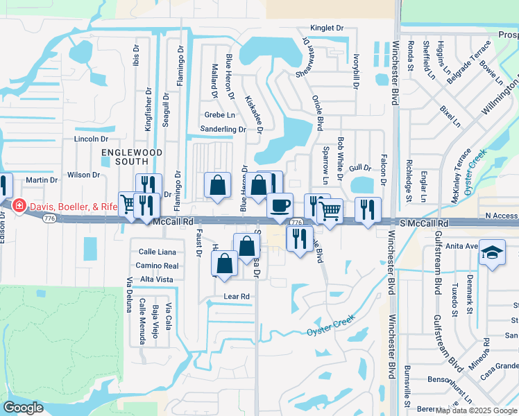 map of restaurants, bars, coffee shops, grocery stores, and more near 2828 South McCall Road in Englewood