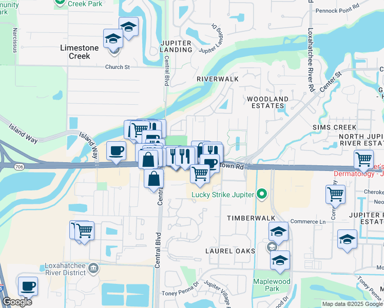 map of restaurants, bars, coffee shops, grocery stores, and more near Cinquez Park Road West in Jupiter