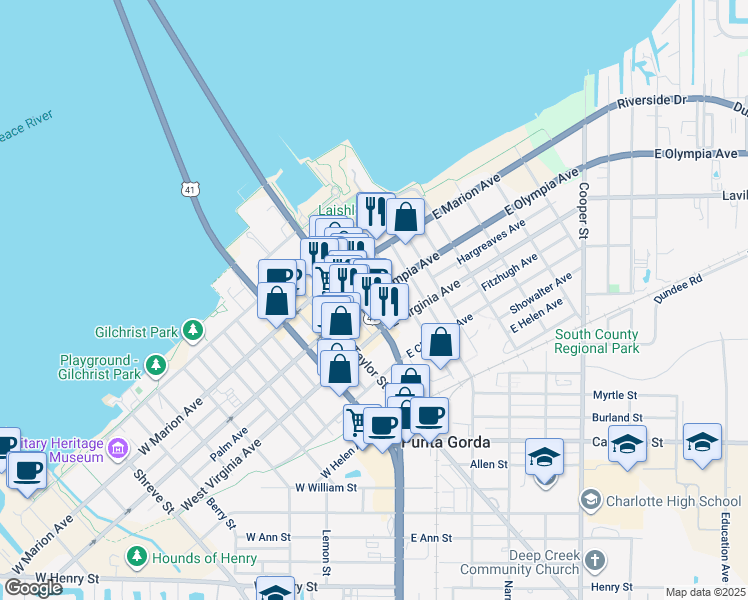 map of restaurants, bars, coffee shops, grocery stores, and more near 109 East Olympia Avenue in Punta Gorda