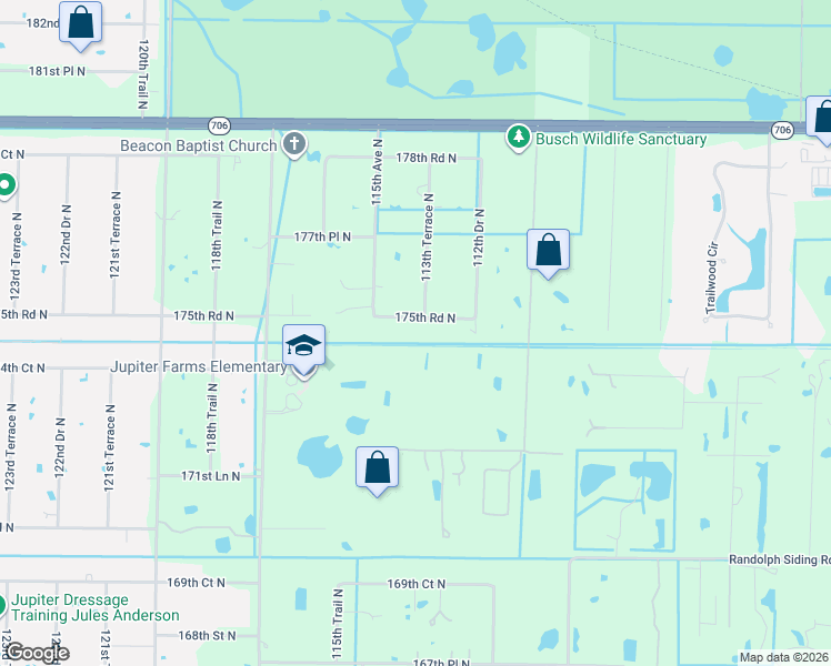map of restaurants, bars, coffee shops, grocery stores, and more near 11388 175th Road North in Jupiter