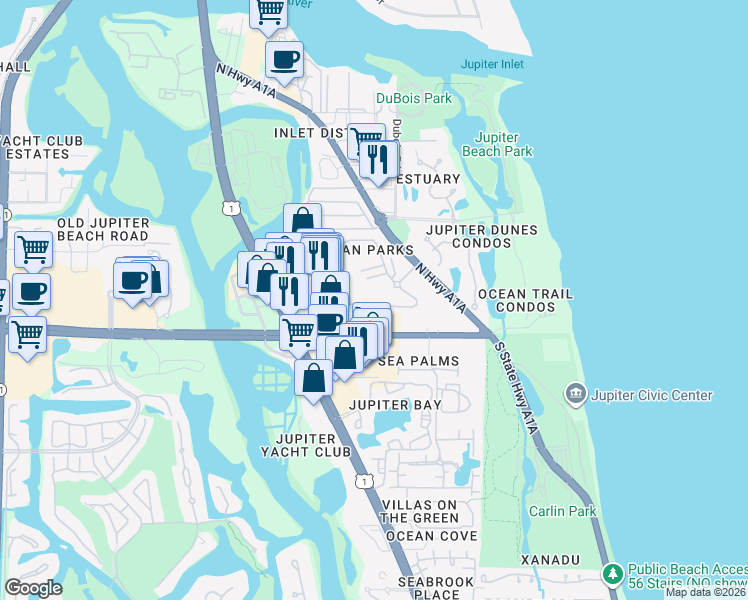 map of restaurants, bars, coffee shops, grocery stores, and more near 300 North Highway A1A in Jupiter