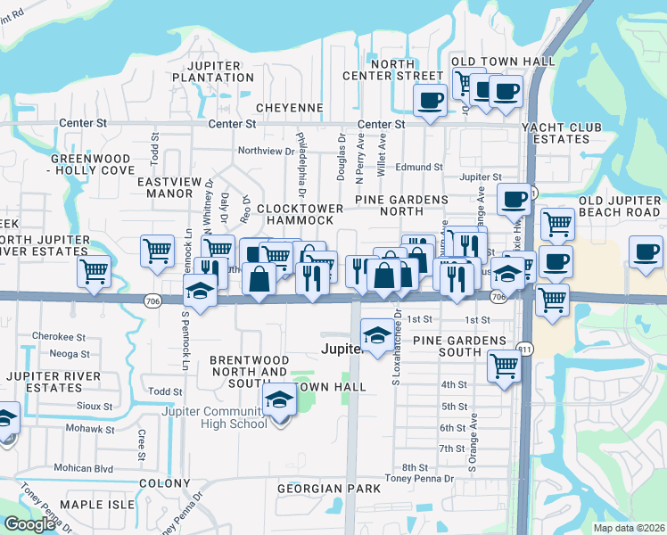 map of restaurants, bars, coffee shops, grocery stores, and more near 220 Clocktower Drive in Jupiter