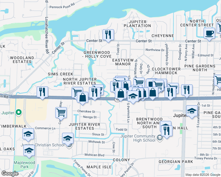 map of restaurants, bars, coffee shops, grocery stores, and more near 1016 Stillwater Drive in Jupiter