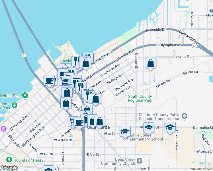 map of restaurants, bars, coffee shops, grocery stores, and more near 455 Doctor Martin Luther King Junior Boulevard in Punta Gorda