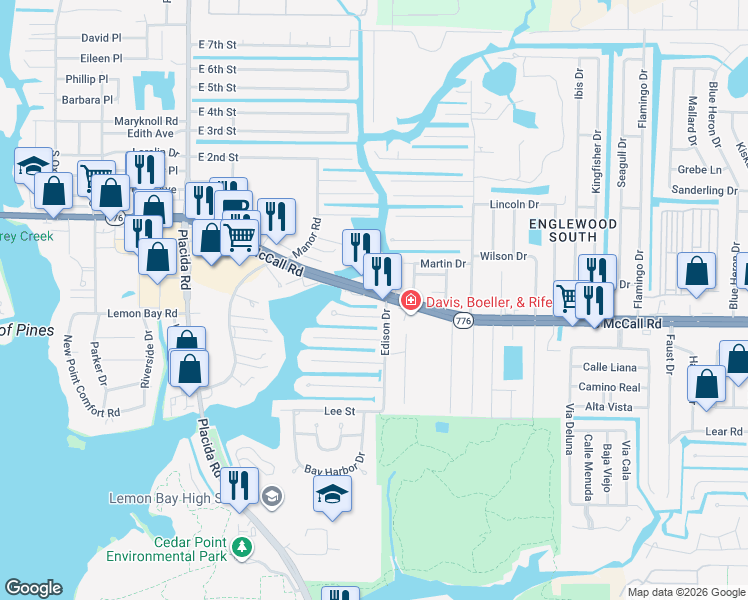map of restaurants, bars, coffee shops, grocery stores, and more near 2091 South McCall Road in Englewood