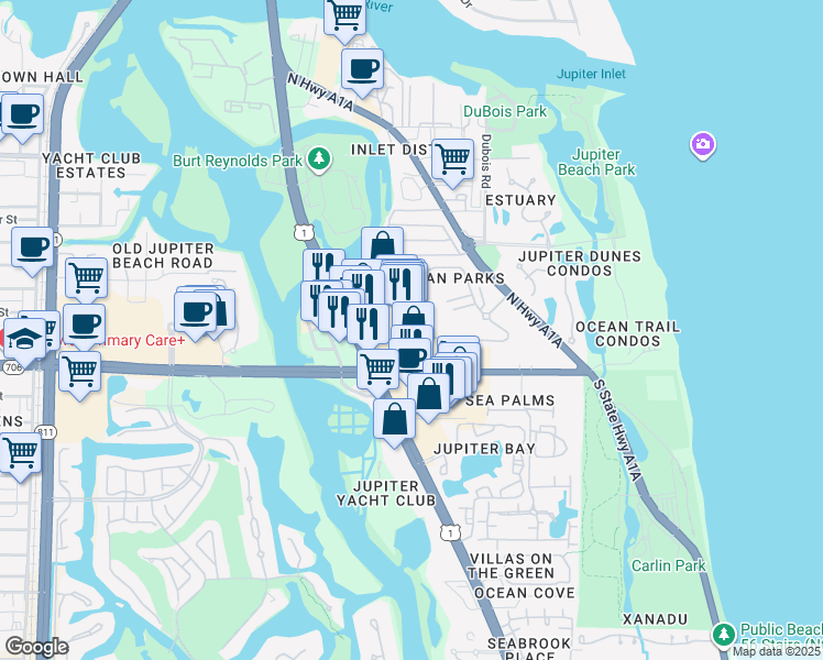map of restaurants, bars, coffee shops, grocery stores, and more near 201 U.S. 1 in Jupiter