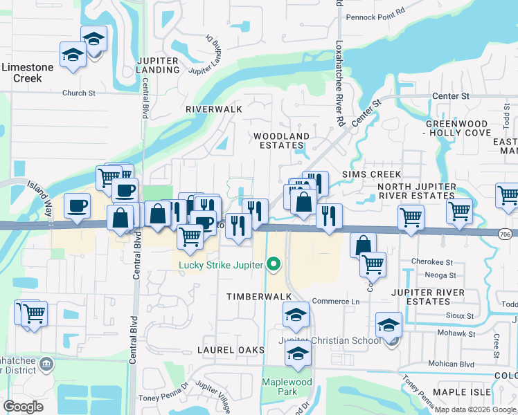map of restaurants, bars, coffee shops, grocery stores, and more near 2025 Center Street in Jupiter