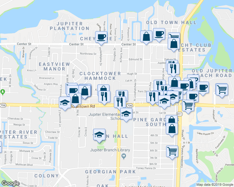 map of restaurants, bars, coffee shops, grocery stores, and more near 208 Clocktower Drive in Jupiter