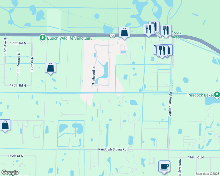 map of restaurants, bars, coffee shops, grocery stores, and more near 10202 Trailwood Terrace in Jupiter