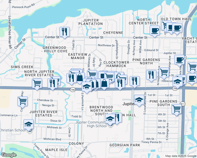 map of restaurants, bars, coffee shops, grocery stores, and more near 723 Southview Drive in Jupiter