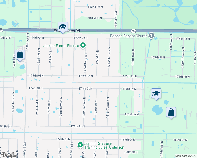 map of restaurants, bars, coffee shops, grocery stores, and more near 12216 175th Road North in Jupiter