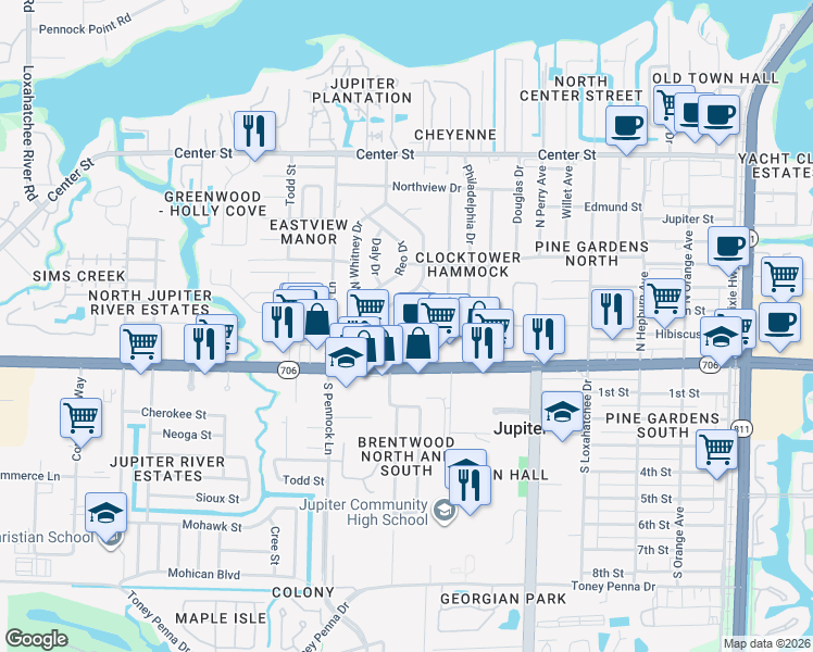 map of restaurants, bars, coffee shops, grocery stores, and more near 723 Southview Drive in Jupiter