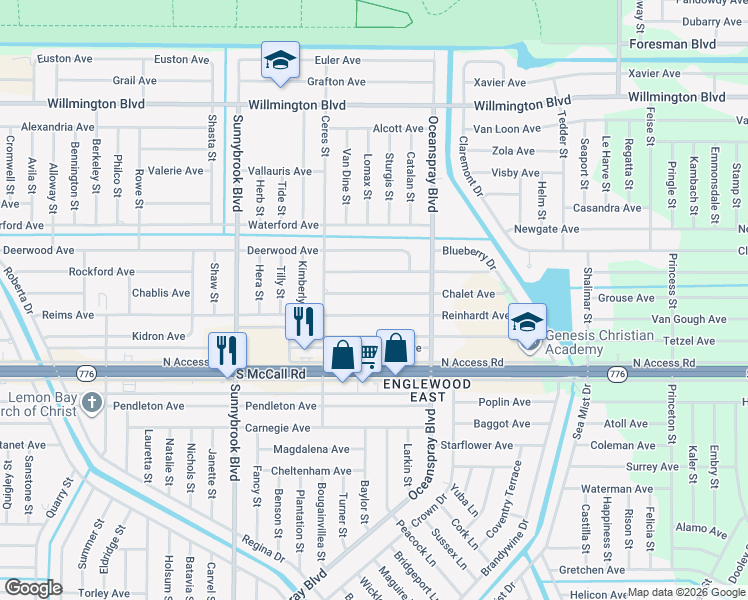 map of restaurants, bars, coffee shops, grocery stores, and more near 11193 Chalet Avenue in Englewood