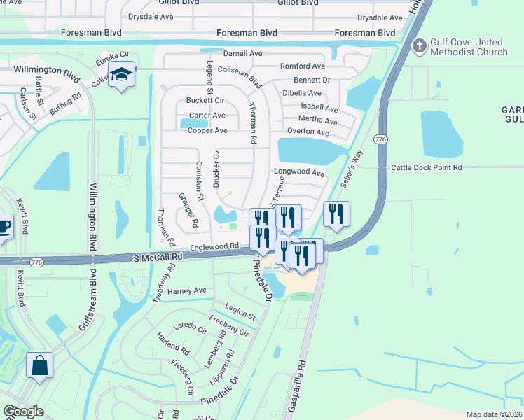 map of restaurants, bars, coffee shops, grocery stores, and more near 6361 Lori Terrace in Port Charlotte