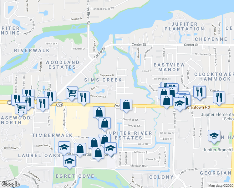 map of restaurants, bars, coffee shops, grocery stores, and more near 105 North Delaware Boulevard in Jupiter