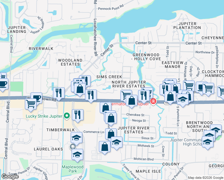 map of restaurants, bars, coffee shops, grocery stores, and more near 105 Sims Creek Lane in Jupiter