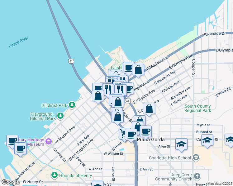 map of restaurants, bars, coffee shops, grocery stores, and more near 213 Tamiami Trail in Punta Gorda