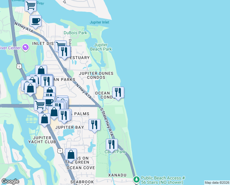 map of restaurants, bars, coffee shops, grocery stores, and more near 100 Ocean Trail Way in Jupiter