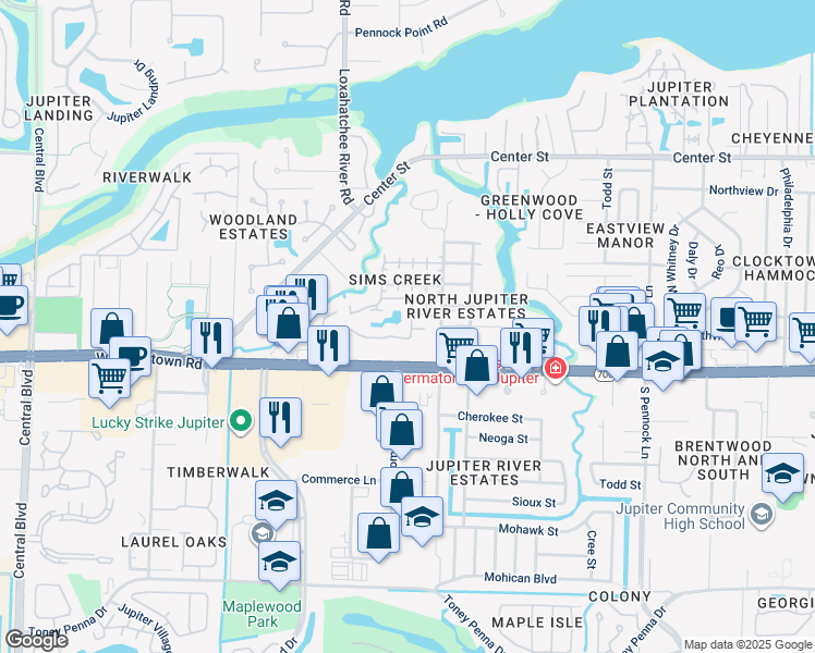 map of restaurants, bars, coffee shops, grocery stores, and more near 105 Sims Creek Lane in Jupiter