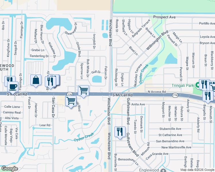 map of restaurants, bars, coffee shops, grocery stores, and more near 6360 Falcon Drive in Englewood
