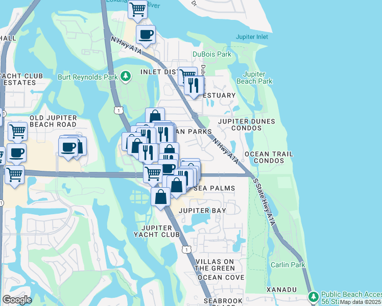 map of restaurants, bars, coffee shops, grocery stores, and more near 300 North Highway A1A in Jupiter