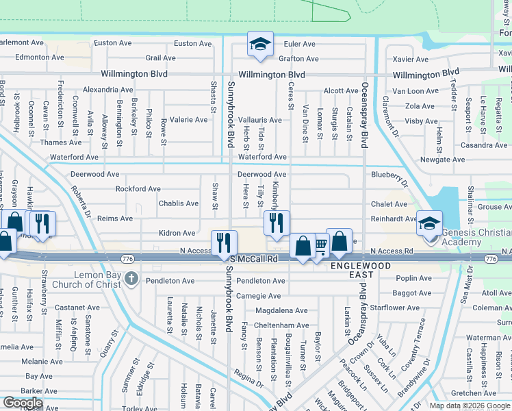 map of restaurants, bars, coffee shops, grocery stores, and more near 6343 Tilly Street in Englewood