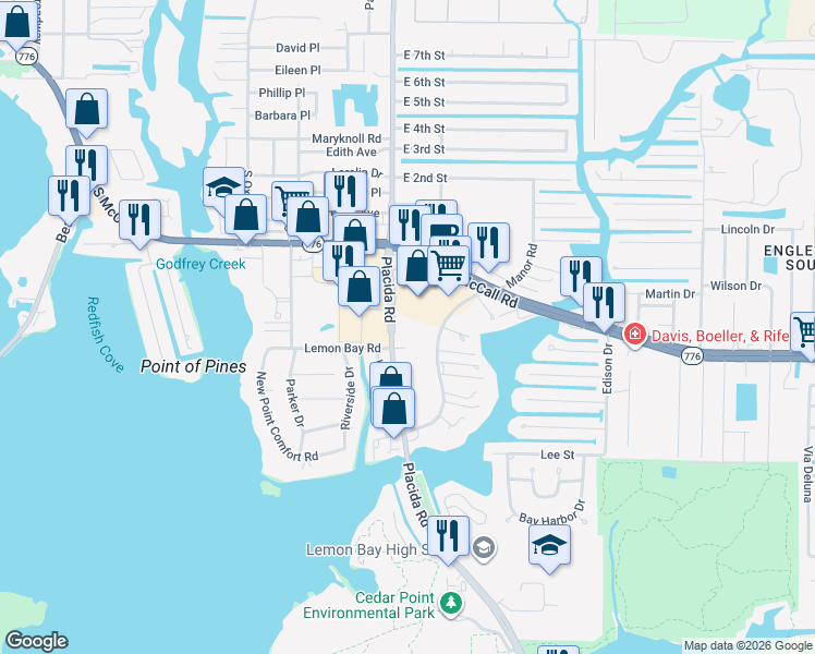 map of restaurants, bars, coffee shops, grocery stores, and more near 1531 Placida Road in Englewood