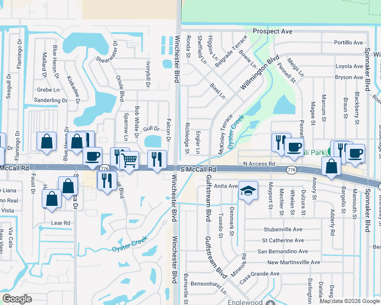 map of restaurants, bars, coffee shops, grocery stores, and more near 6372 Richledge Street in Englewood